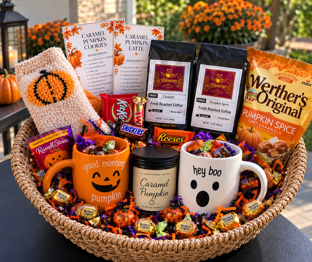 Halloween Blessings Boo Basket with caramel and pumpkin spice coffee, mugs, candy, candle, and pumpkin-themed gifts.